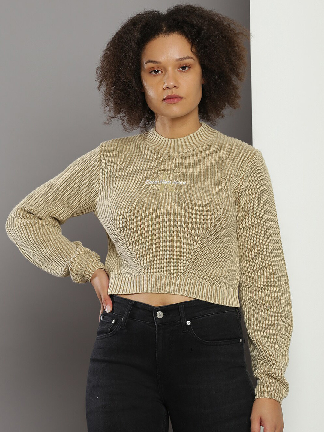 Calvin Klein Jeans Ribbed Mock Collar Pure Cotton Pullover Sweaters