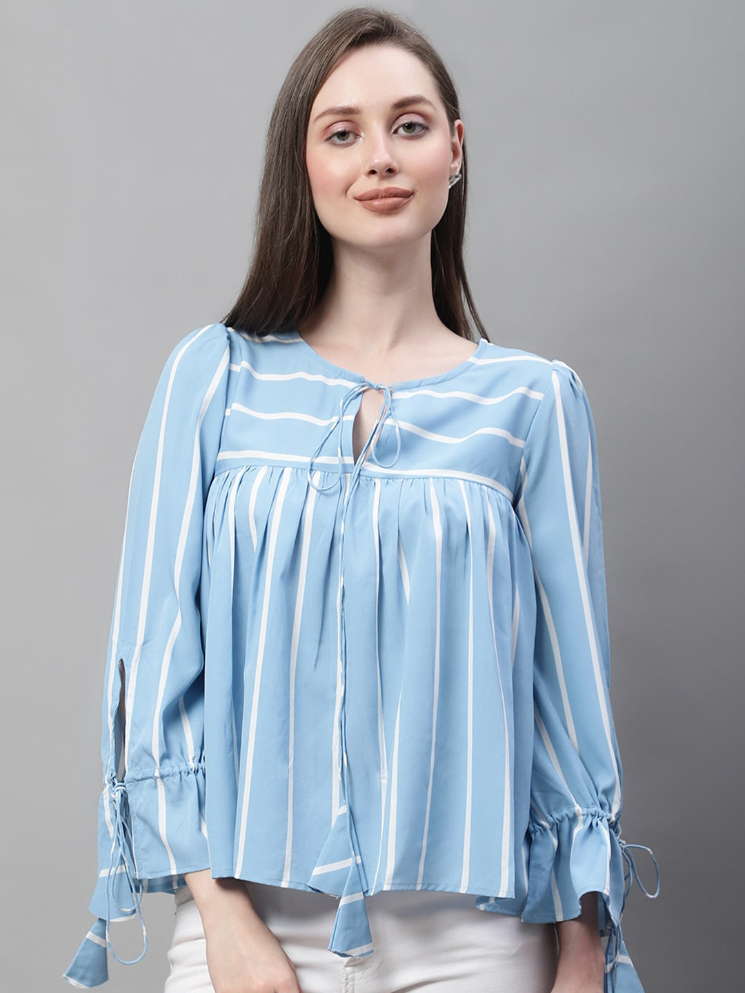 La Zoire Striped Tie-Up Neck Bell Sleeves Regular Top