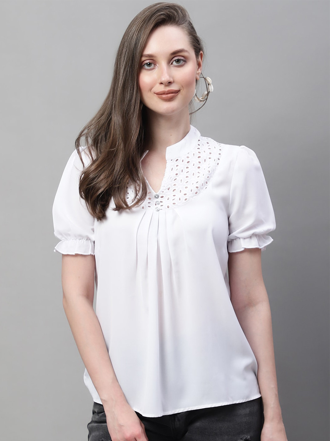 La Zoire Mandarin Collar Puff Sleeves Georgette Top