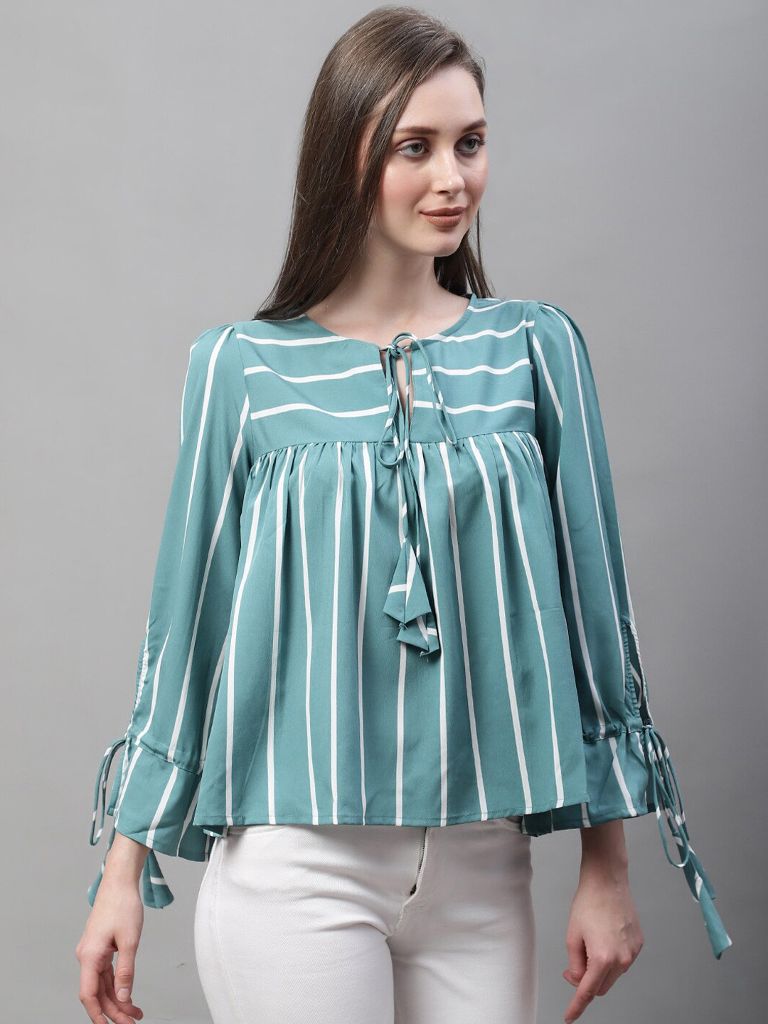 La Zoire Striped Tie-Up Neck Crepe Top