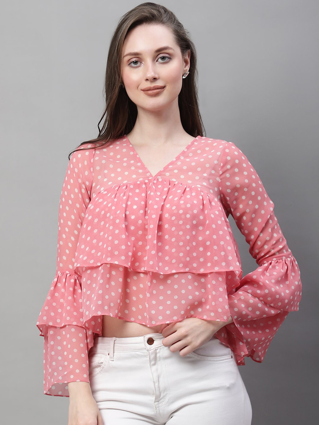 La Zoire Polka Dots Printed Bell Sleeves Layered Georgette Tiered Crop Top