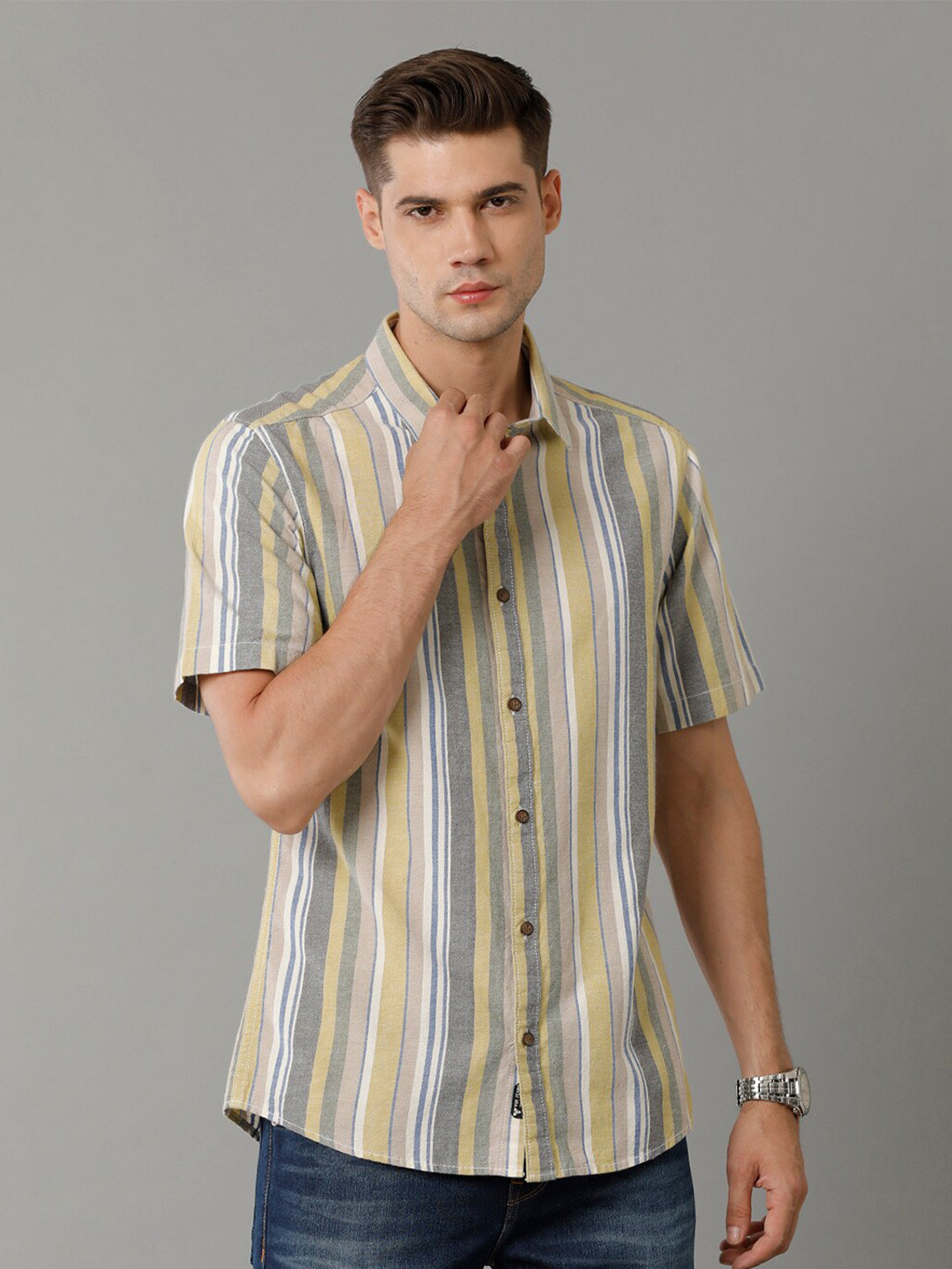 Voi Jeans Multi Stripes Spread Collar Pure Cotton Casual Shirt