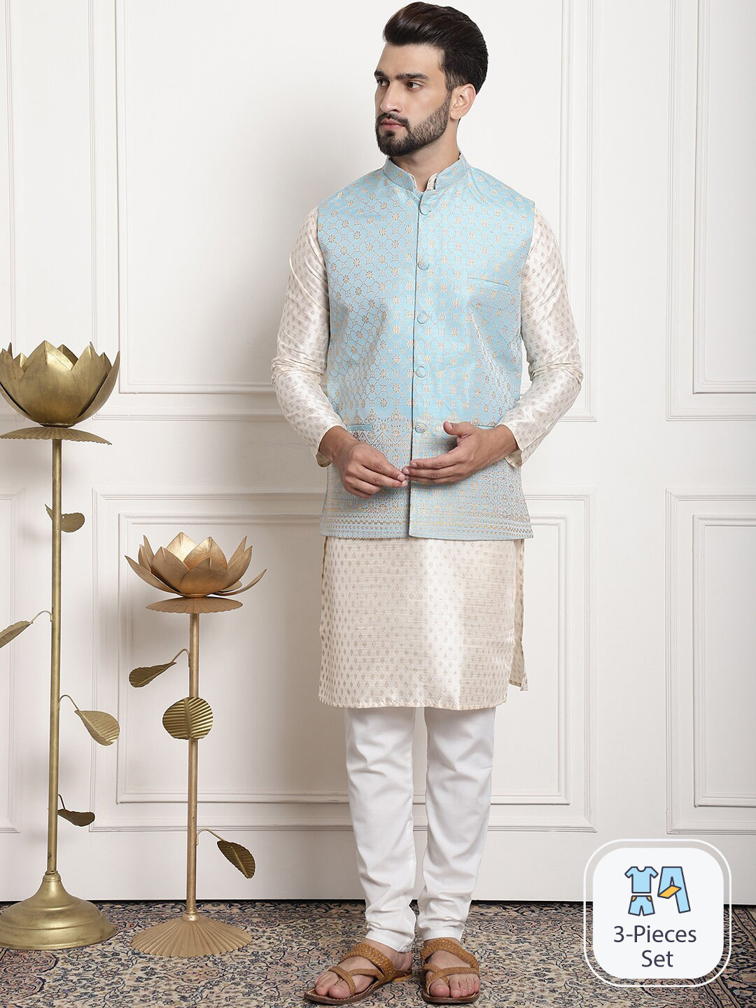 SOJANYA Ethnic Motifs Printed Silk Cotton Kurta With Churidar & Woven Design Nehru Jacket