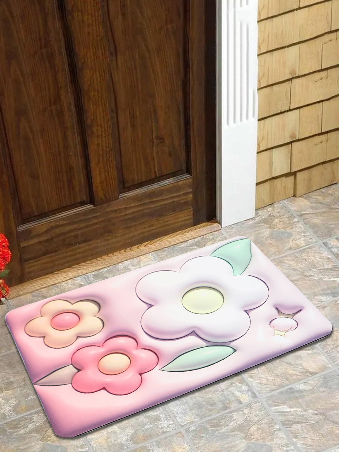 Dakshya Industries Grey & Pink 3D Printed Polyester Doormats