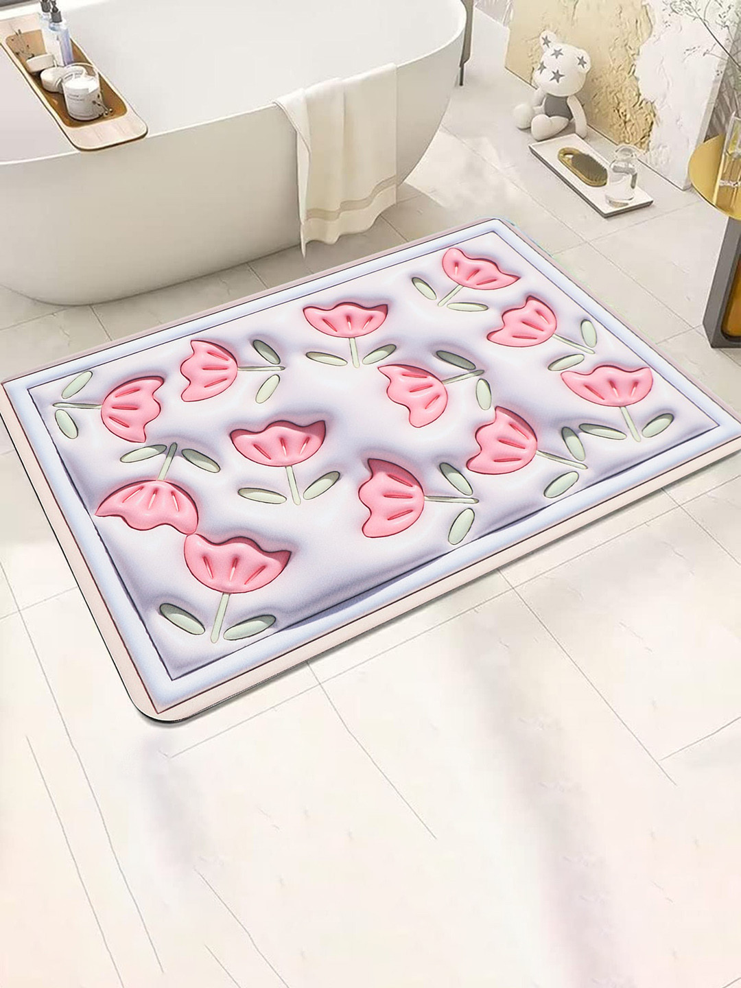 Dakshya Industries Grey & Pink 3D Printed Anti-Slip Doormat