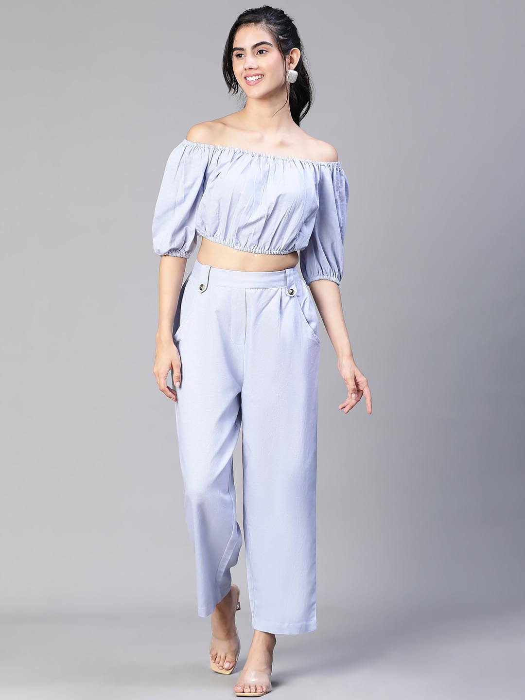 Oxolloxo Soild Cold Shoulder Top Elasticated Pant Co-Ord Set