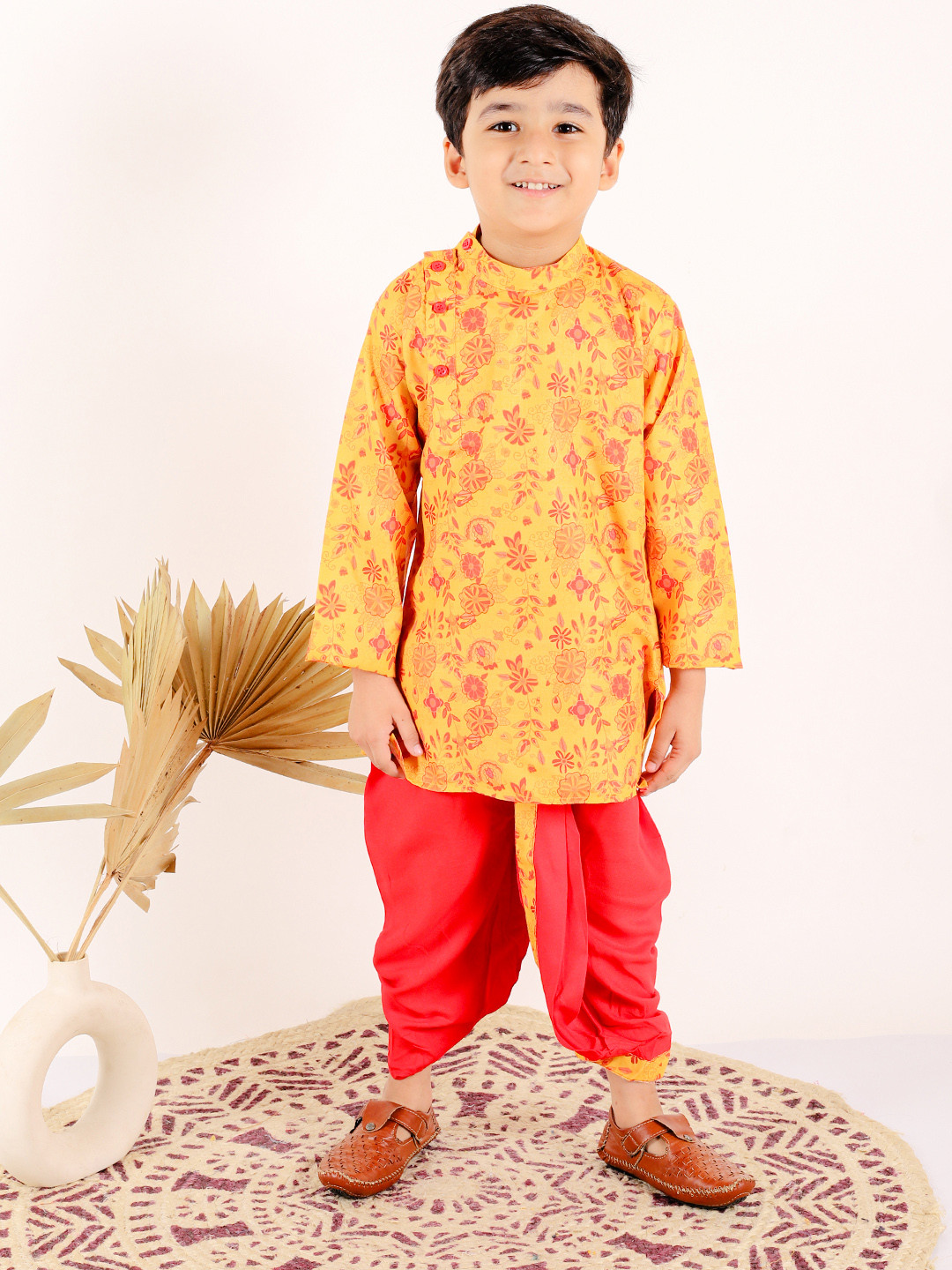 Superminis Boys Mustard Floral Printed Mandarin Collar Kurta With Dhoti Pants Cotton Set