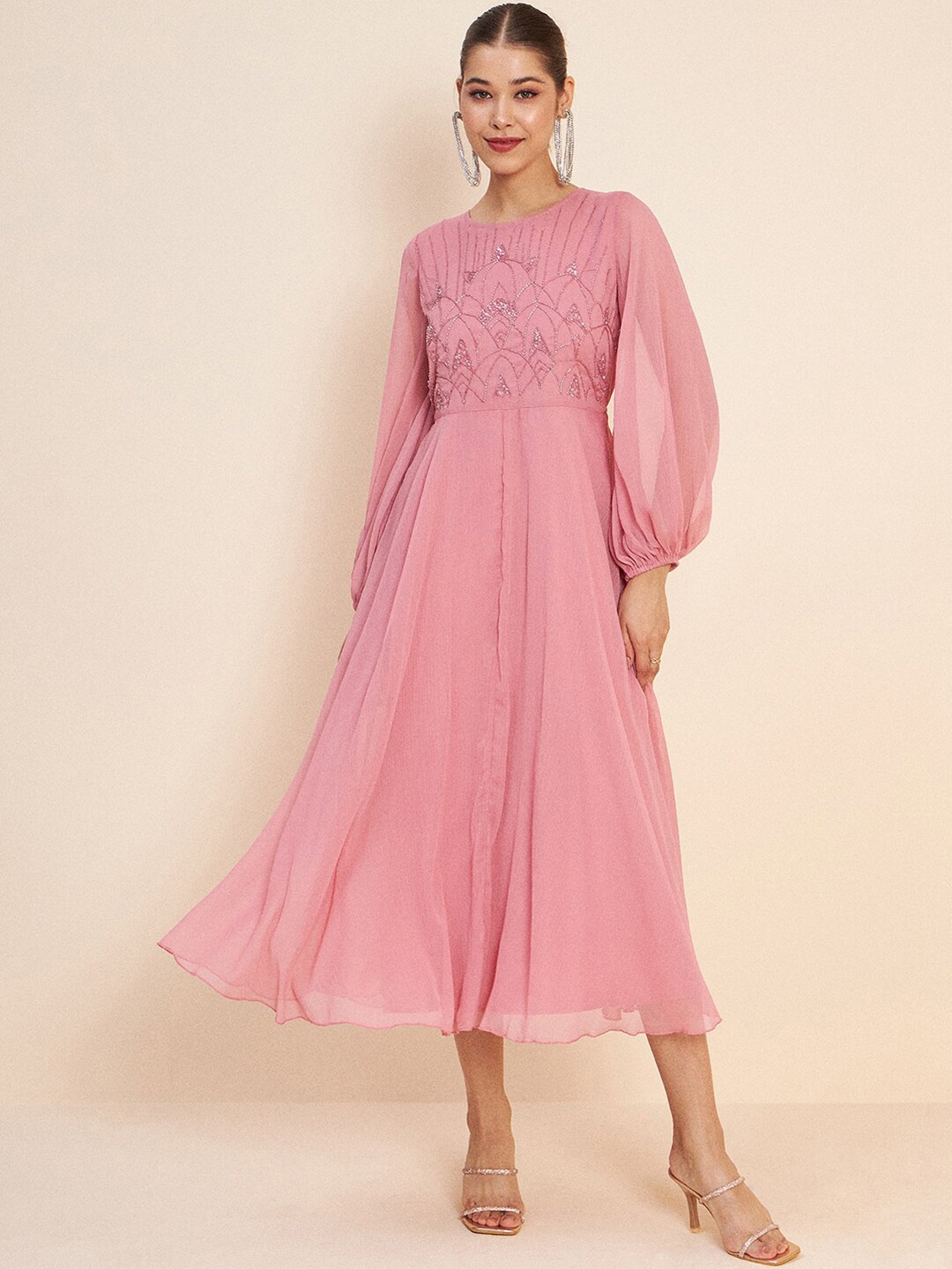 Antheaa Pink Embellished Puff Sleeves Gathered Fit & Flare Midi Dress - Dresses for Women 24606542 | Myntra