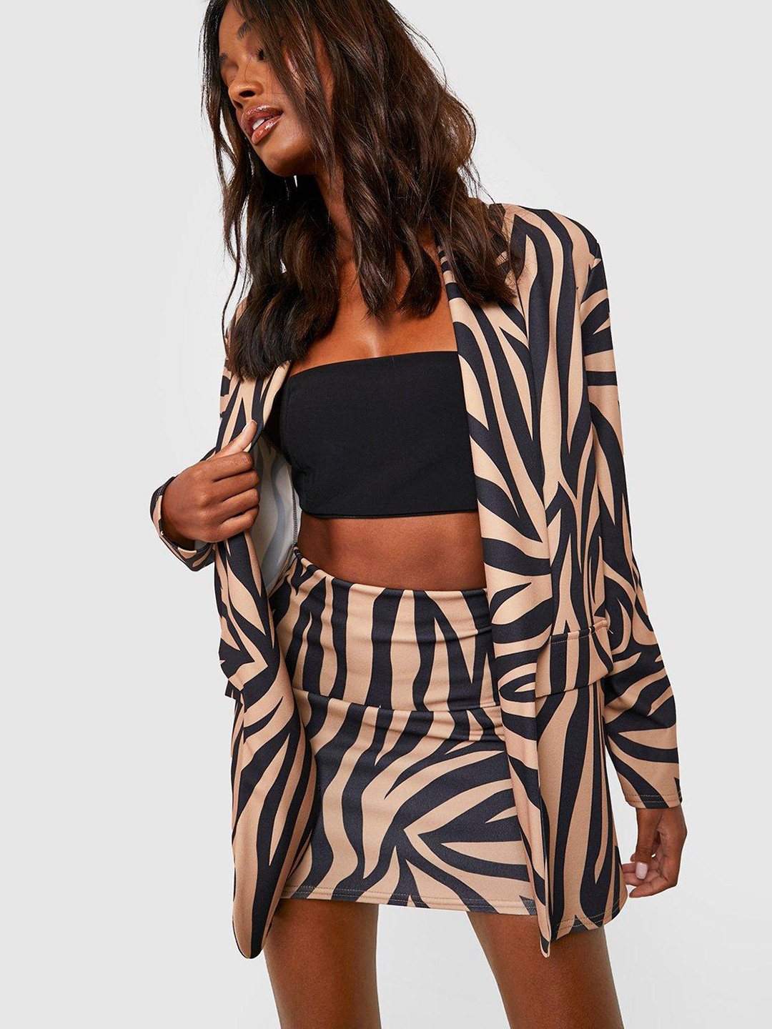 Boohoo Women Zebra Print Front-Open Shawl Collar Co-Ords