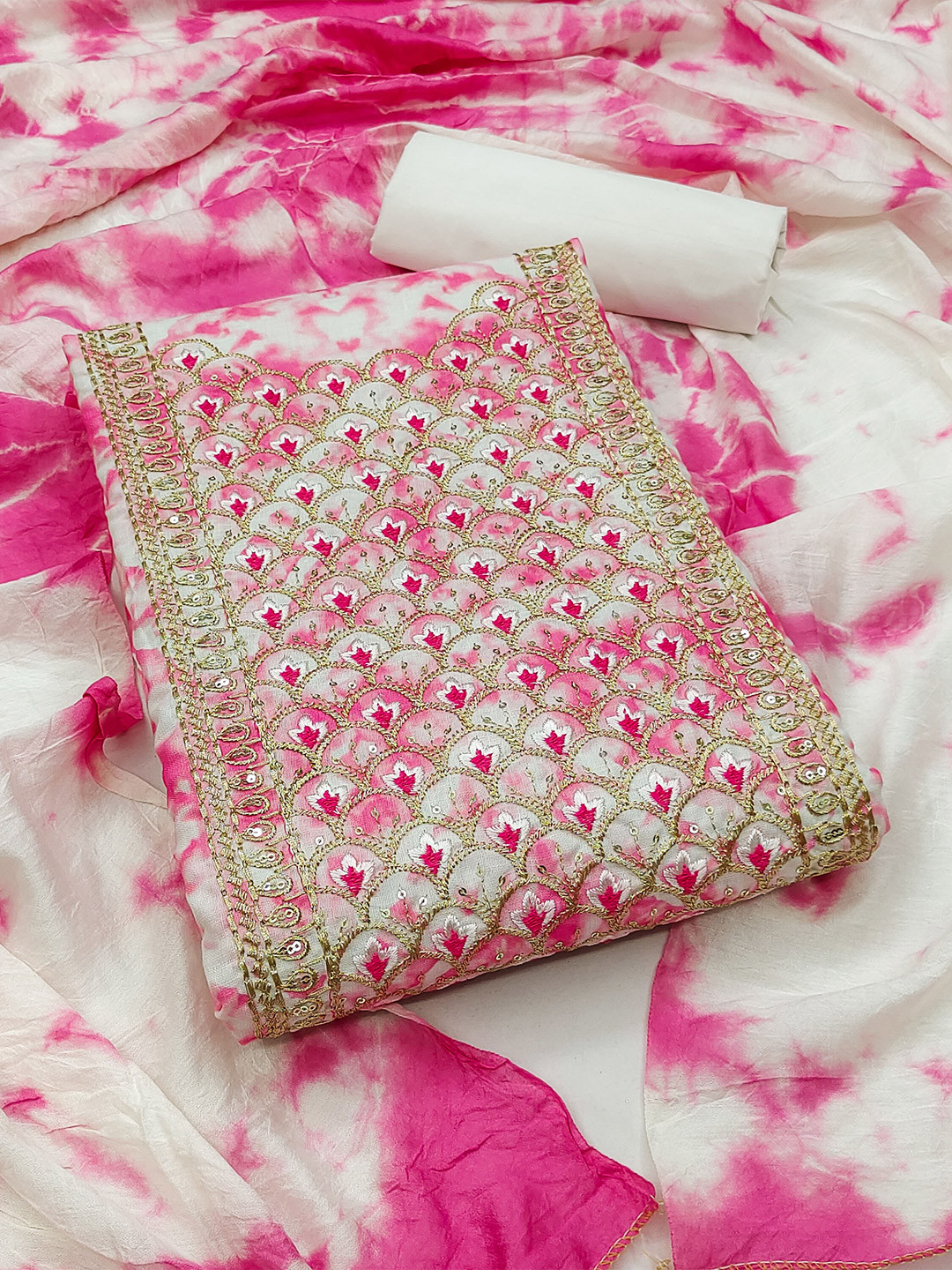 KALINI Tie & Dye Embroidered Pure Cotton Unstitched Dress Material