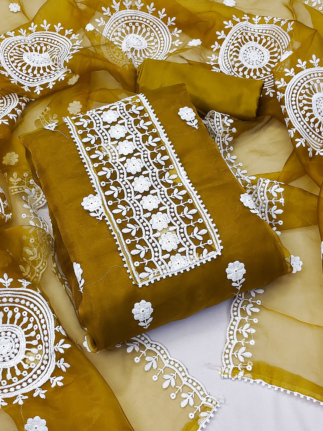 KALINI Olive Ethnic Motifs Embroidered Organza Unstitched Dress Material