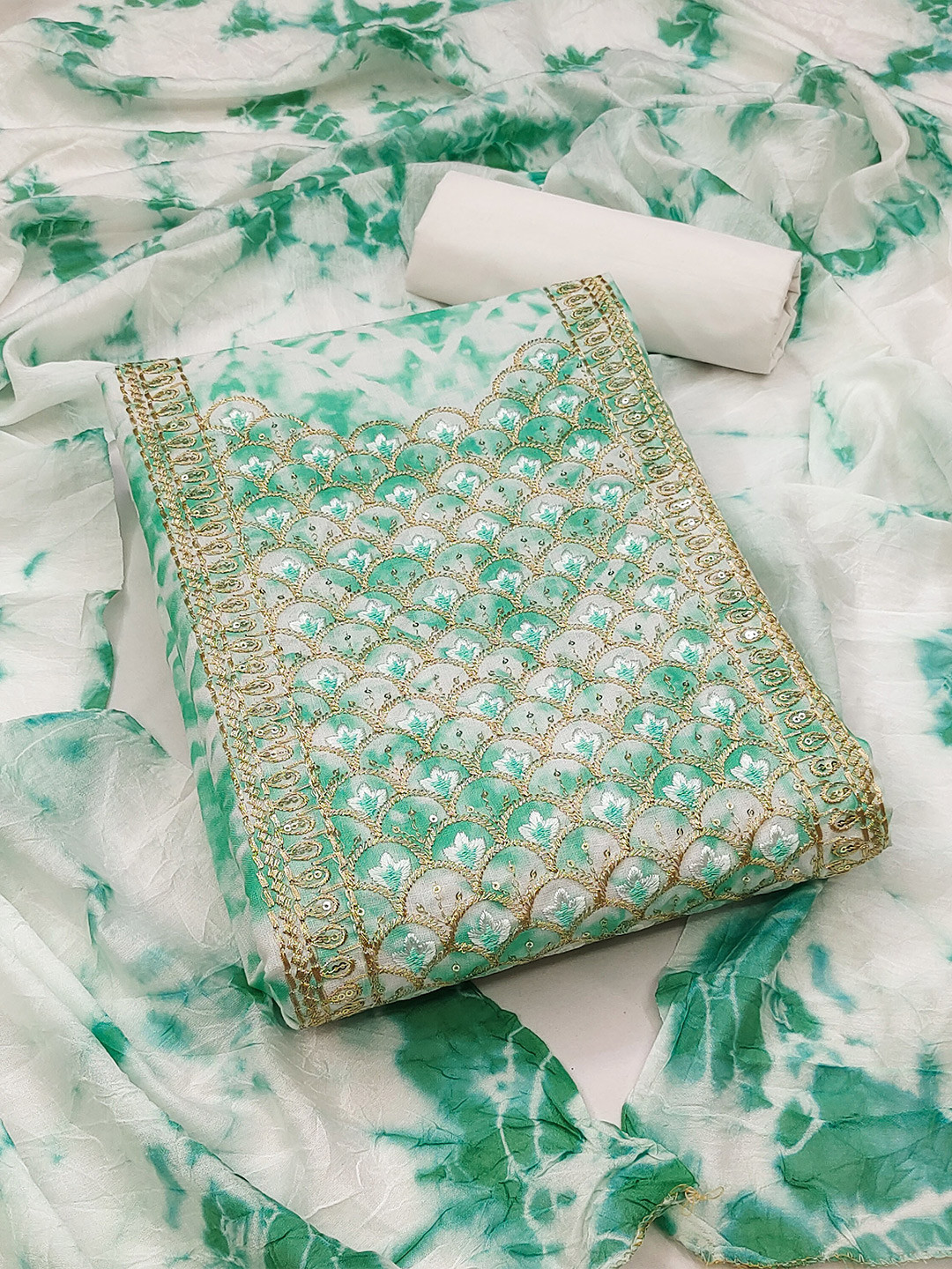 KALINI Tie & Dye Embroidered Pure Cotton Unstitched Dress Material