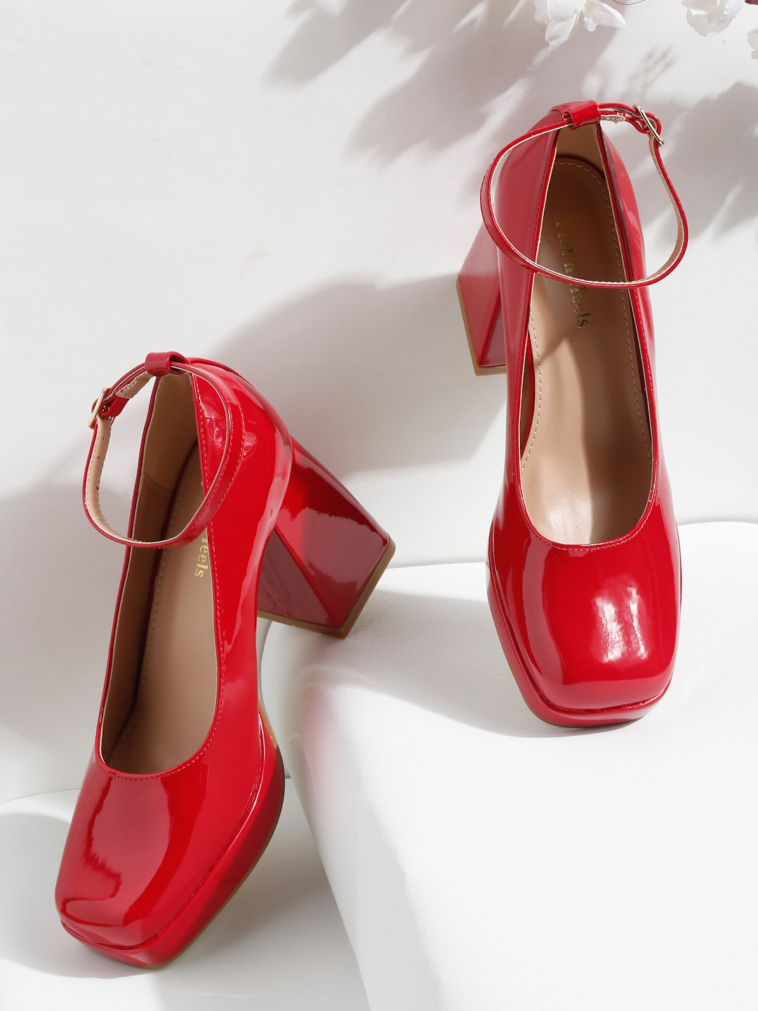 Flat n Heels Square Toe Block Pumps With Ankle Loop