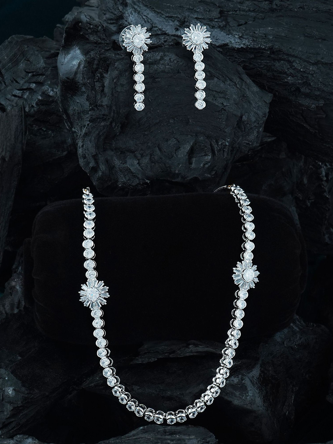 MANSIYAORANGE Rhodium-Plated AD Studded Necklace With Earrings Jewellery Set