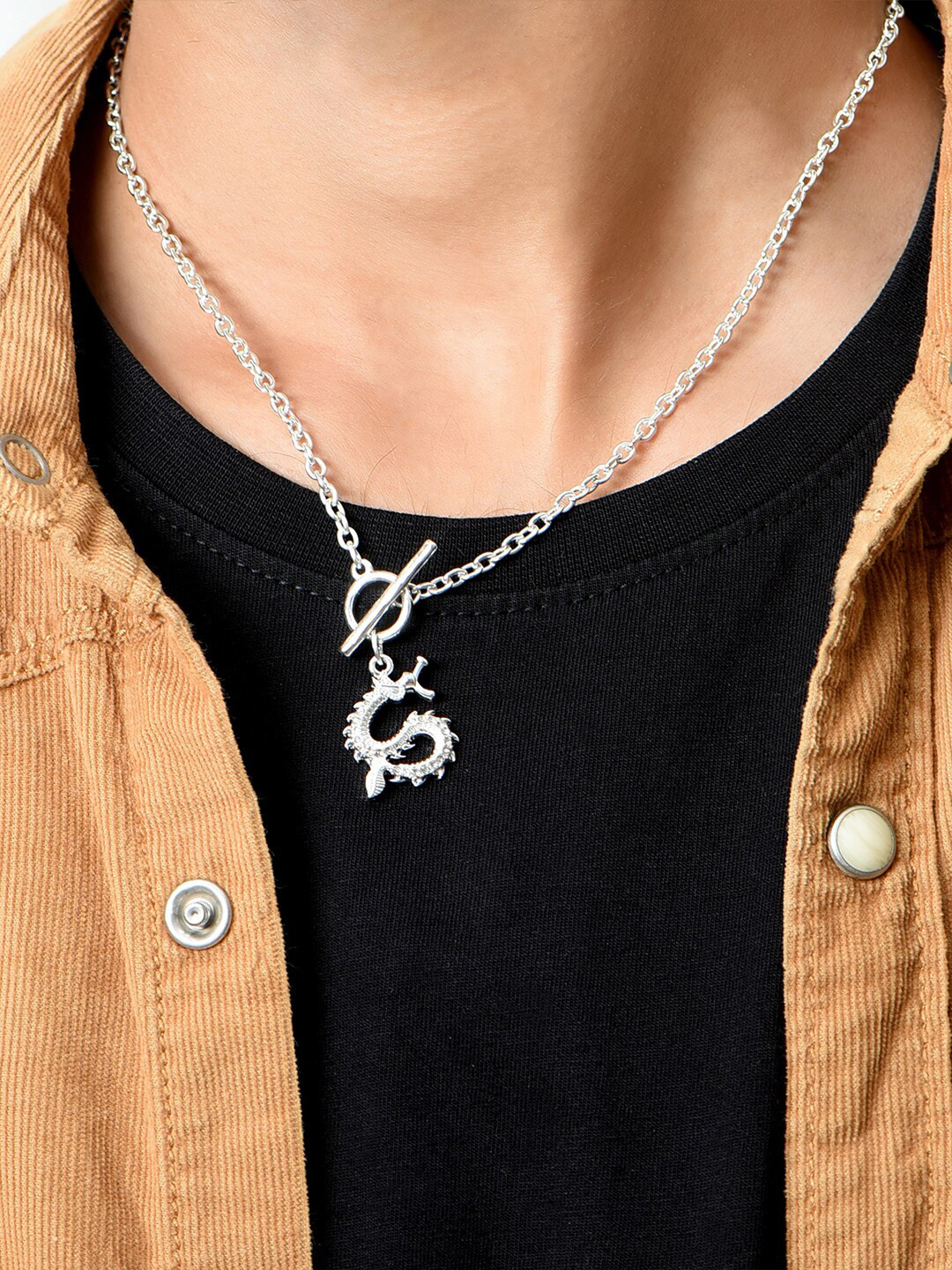 The Bro Code Men Silver-Plated Cubic Zirconia Dragon Charm Necklace