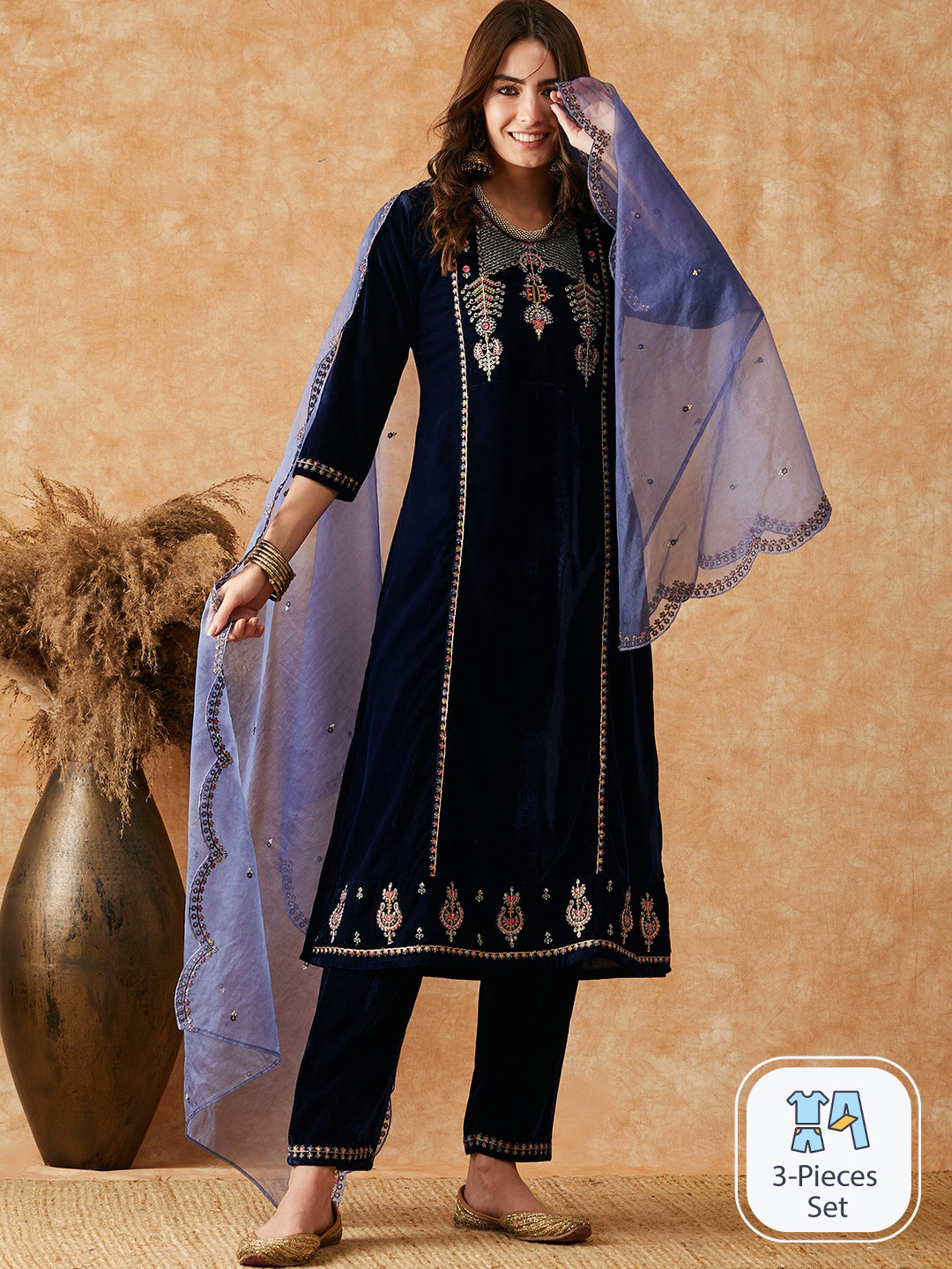 Sangria Navy Blue Ethnic Motifs Embroidered Sequinned Velvet Kurta With Trousers & Dupatta