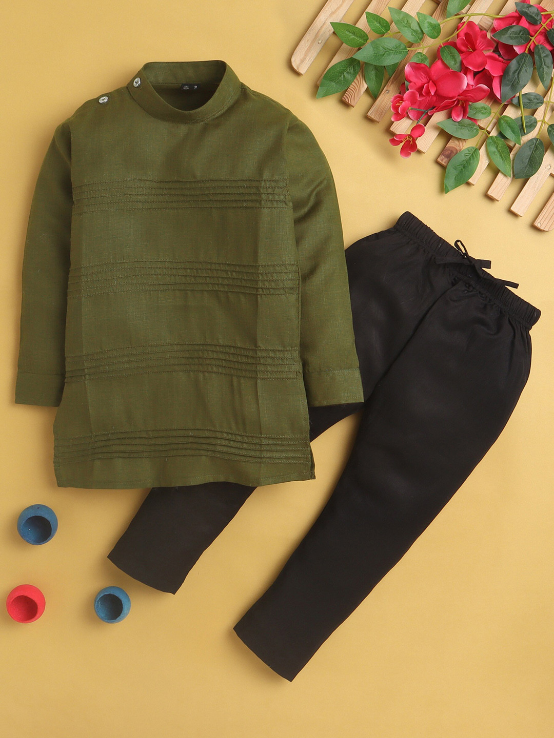 BAESD Boys Pin Tucks Mandarin Collar Cotton Silk Straight Kurta With Pyjamas