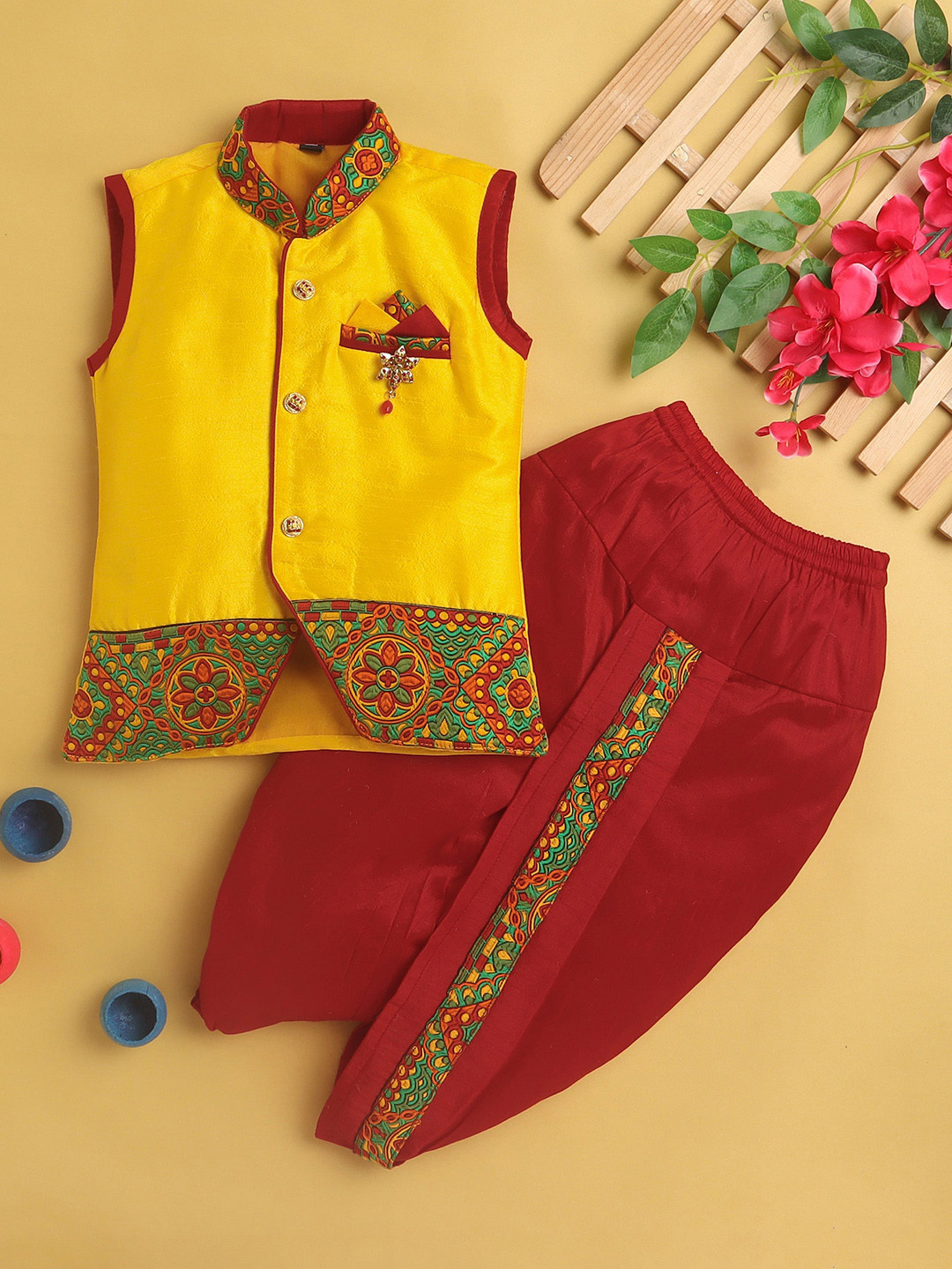 BAESD Boys Ethnic Motifs Woven Design Silk Cotton Straight Kurta With Dhoti Pants