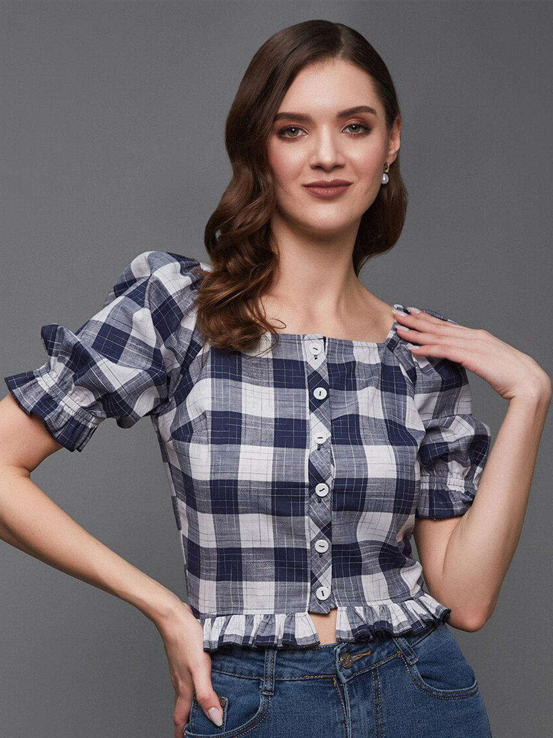 Miss Chase Checked Square Neck Puff Sleeve Ruffled Top