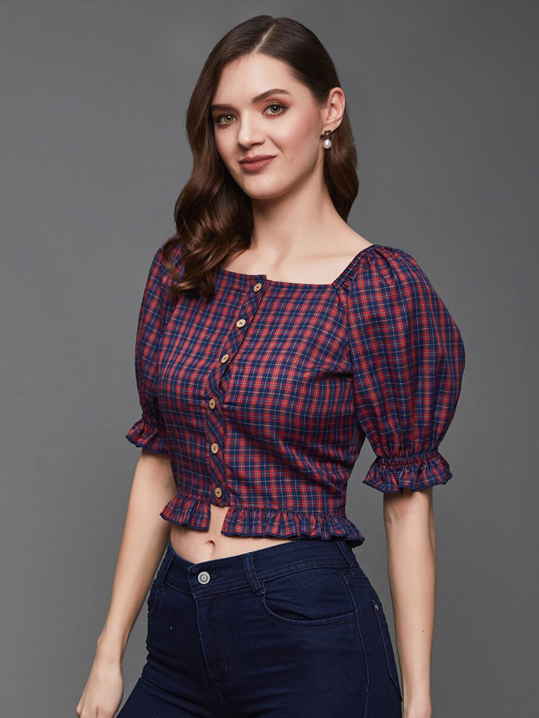 Miss Chase Checked Square Neck Puff Sleeve Ruffled Top