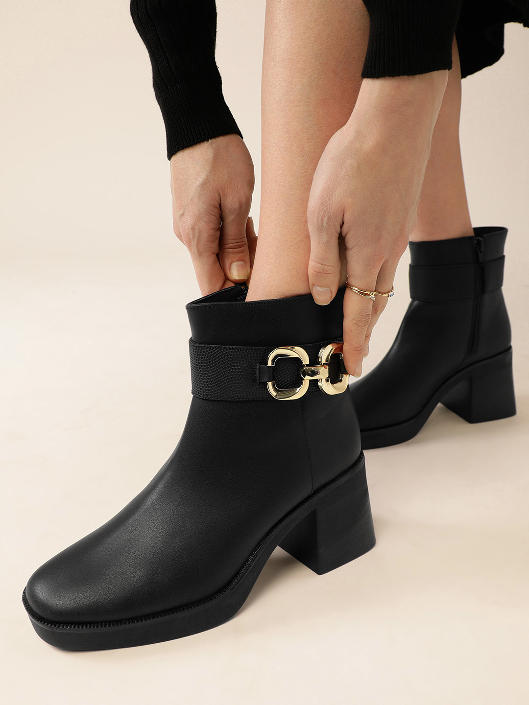 Lavie Women Square-Toe Mid-Top Block Heel Boots with Chain Detail