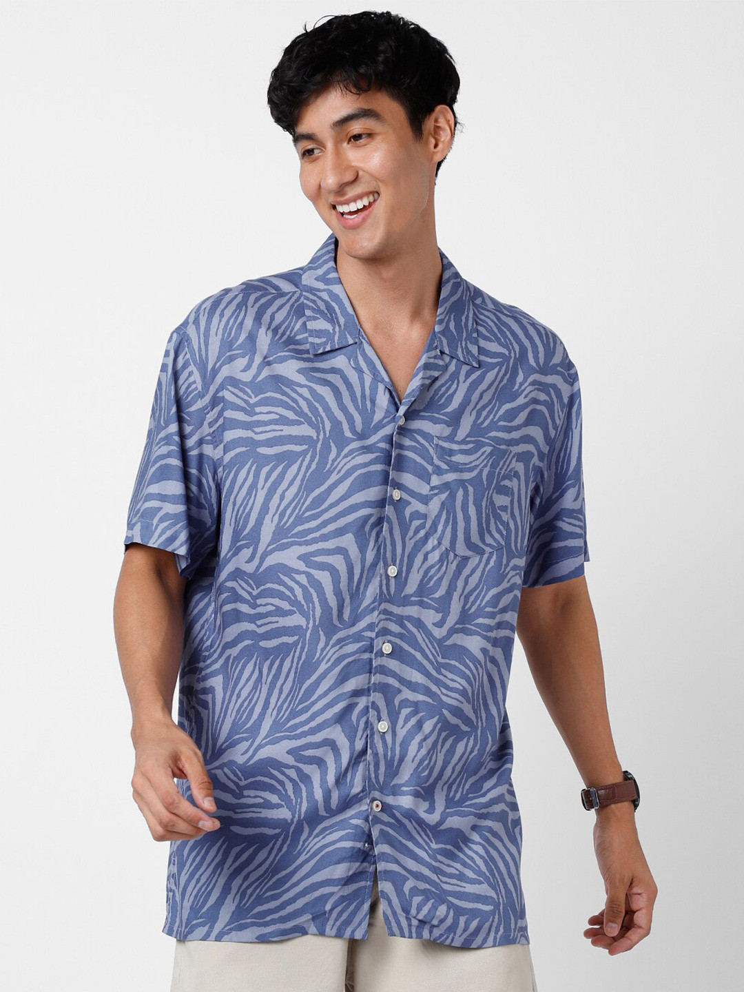 VASTRADO Men Blue Zebra Printed Resort Collar Shirt