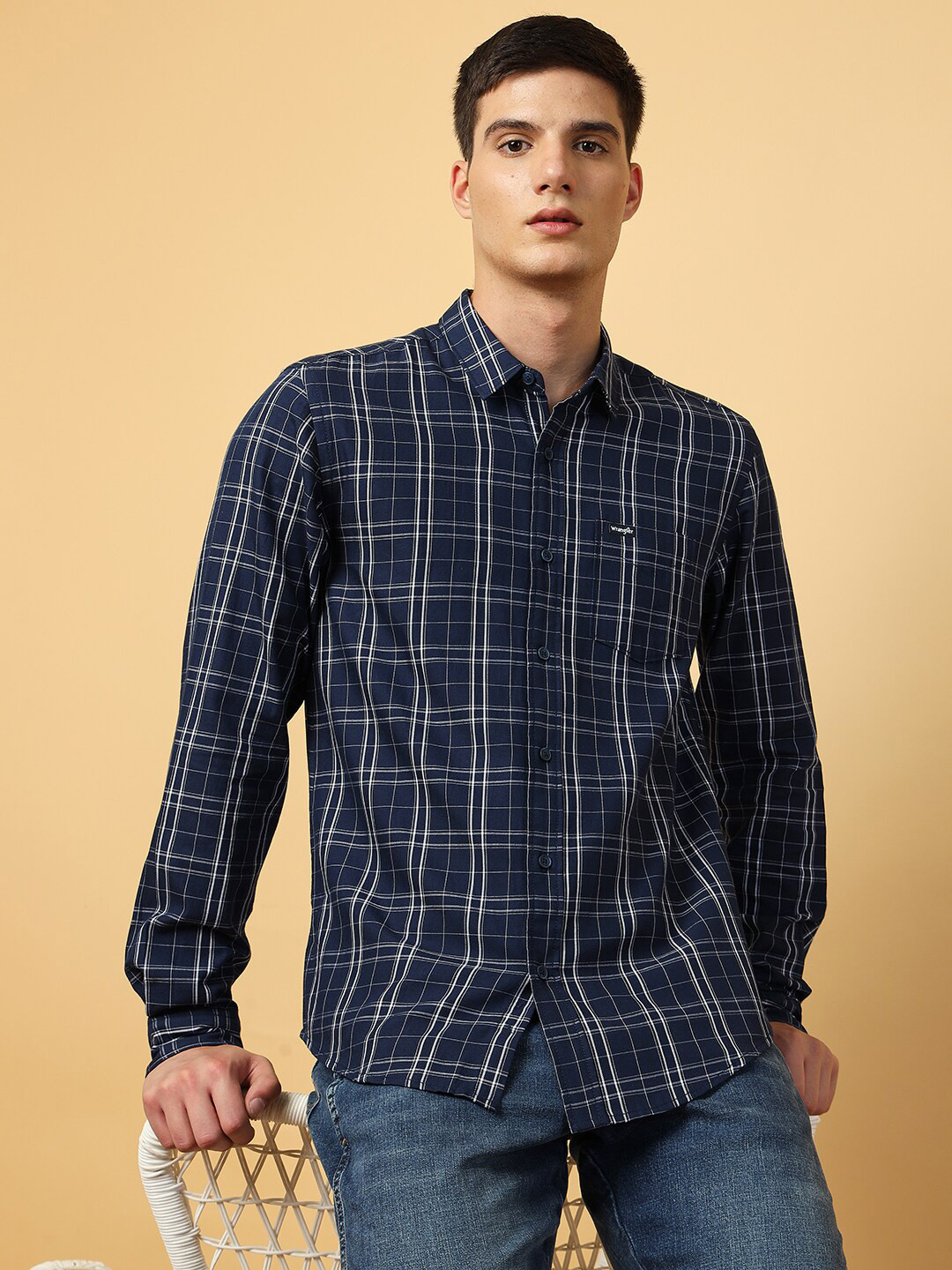 Wrangler Spread Collar Classic Tartan Checked Casual Cotton Shirt