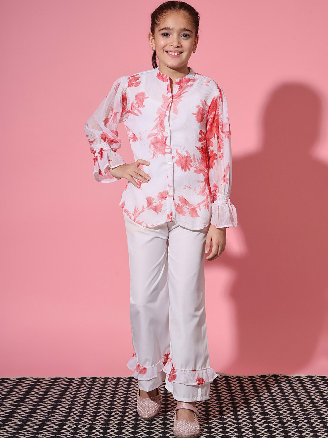 Readiprint Girls Printed Mandarin Collar Bell Sleeves Shirt & Trouser