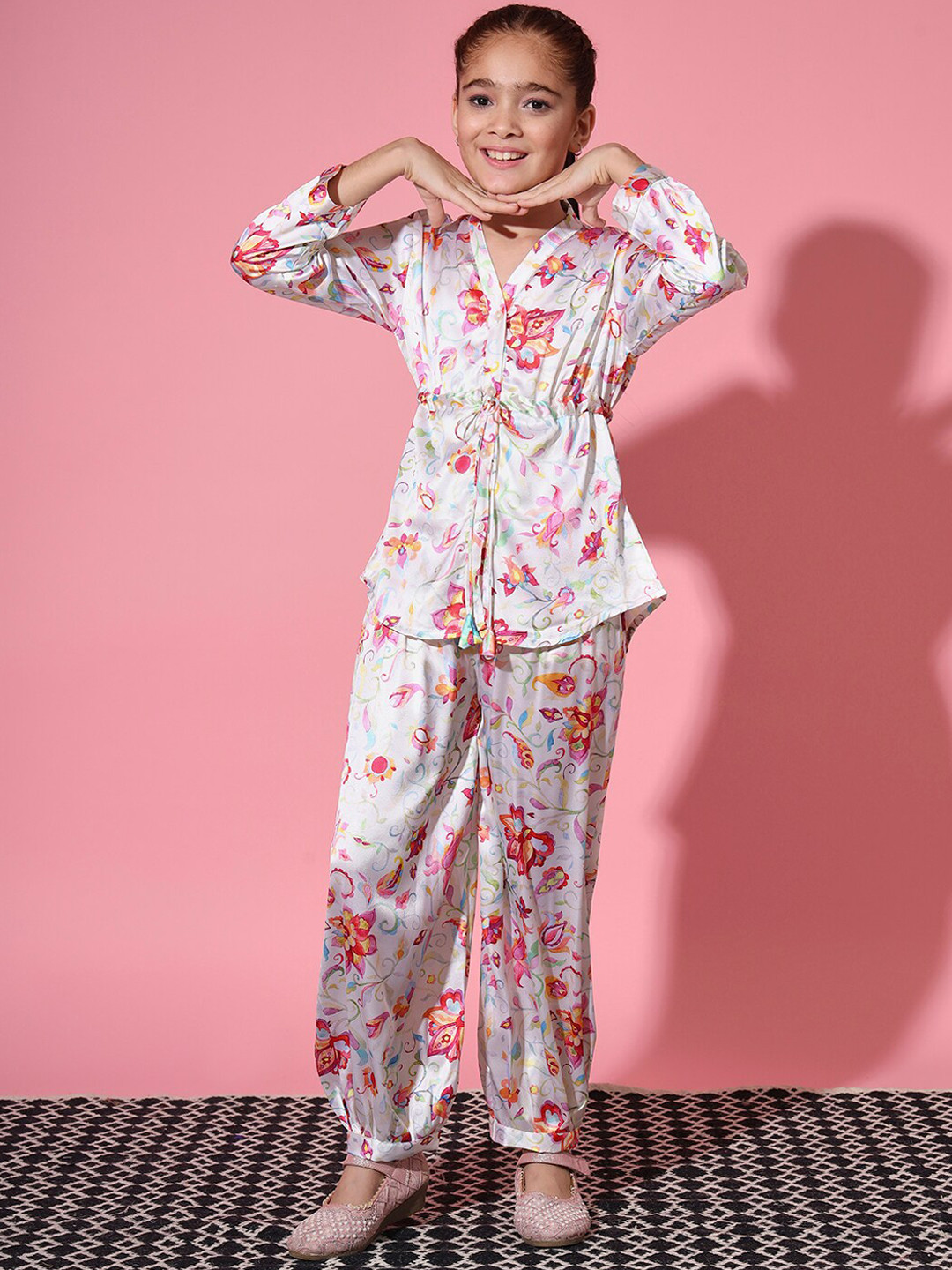 Readiprint Girls Floral Printed V-Neck Satin Top With Harem Pants