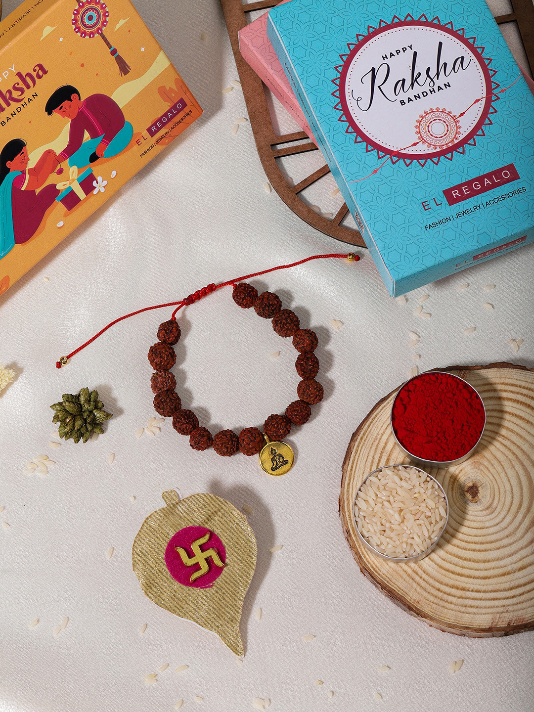 EL REGALO Rudraksha Beaded Rakhi With Rakhi Box Roli & Chawal
