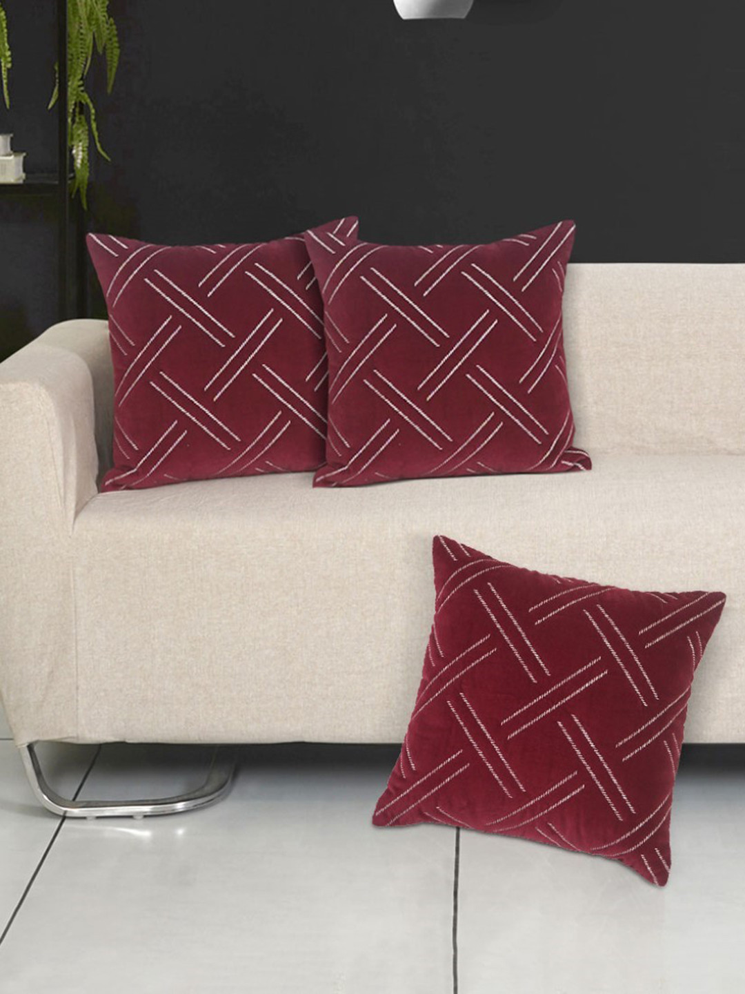 Ode & Cleo Maroon Geometric Velvet Durable 3 Pcs Patchwork Square Cushion Covers -18x18In
