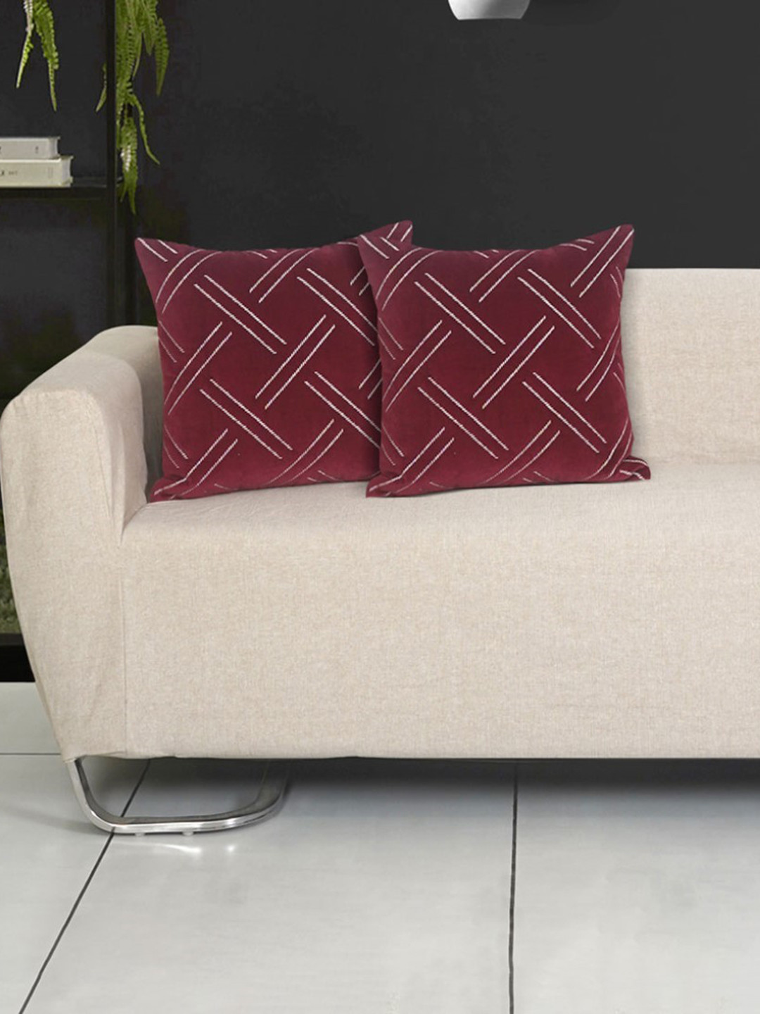 Ode & Cleo Maroon Striped Velvet Durable 2 Piece Square Cushion Covers -20x20In