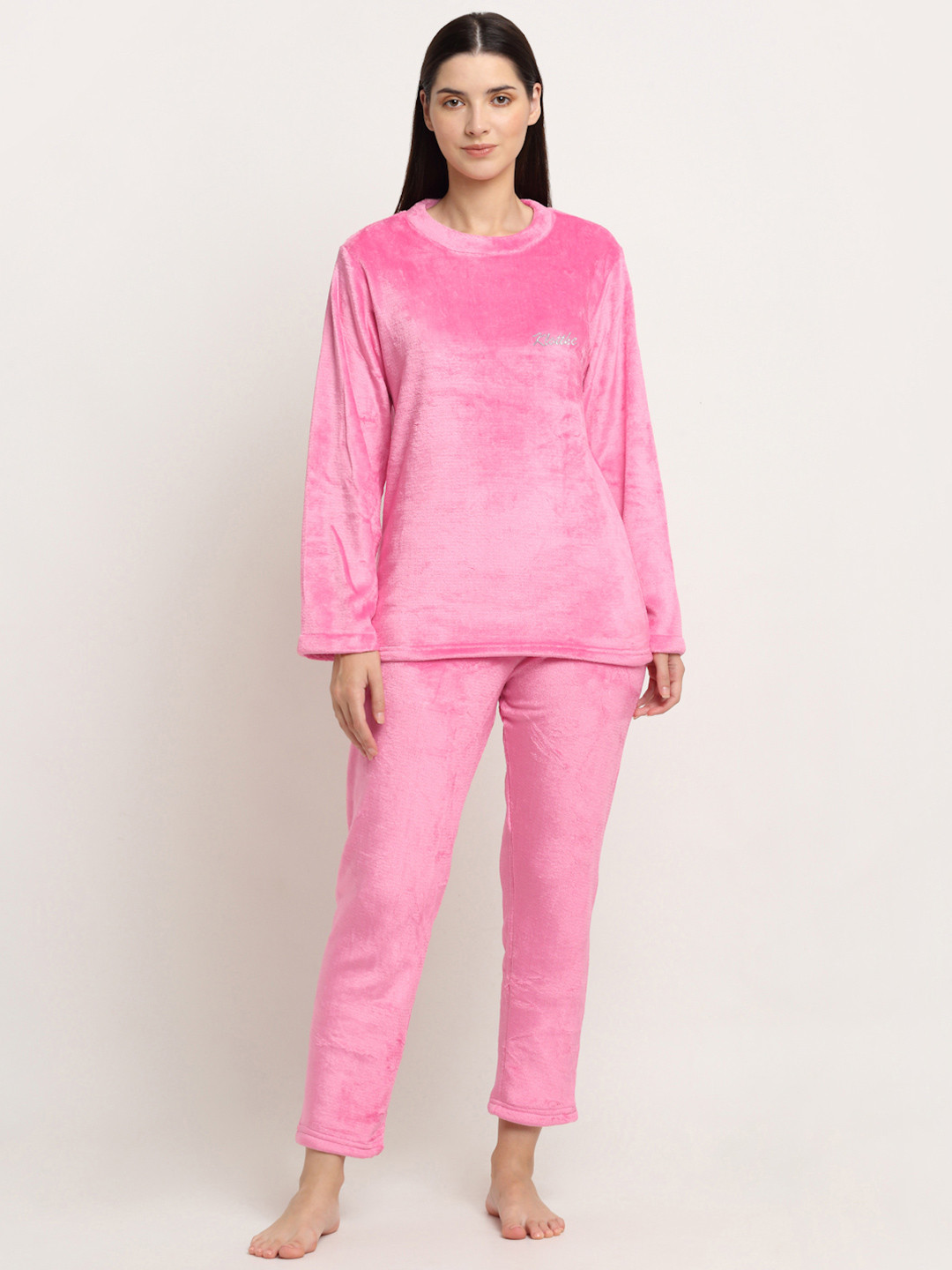 KLOTTHE Women Light Pink Solid Long Sleeve Woolen Night Suit