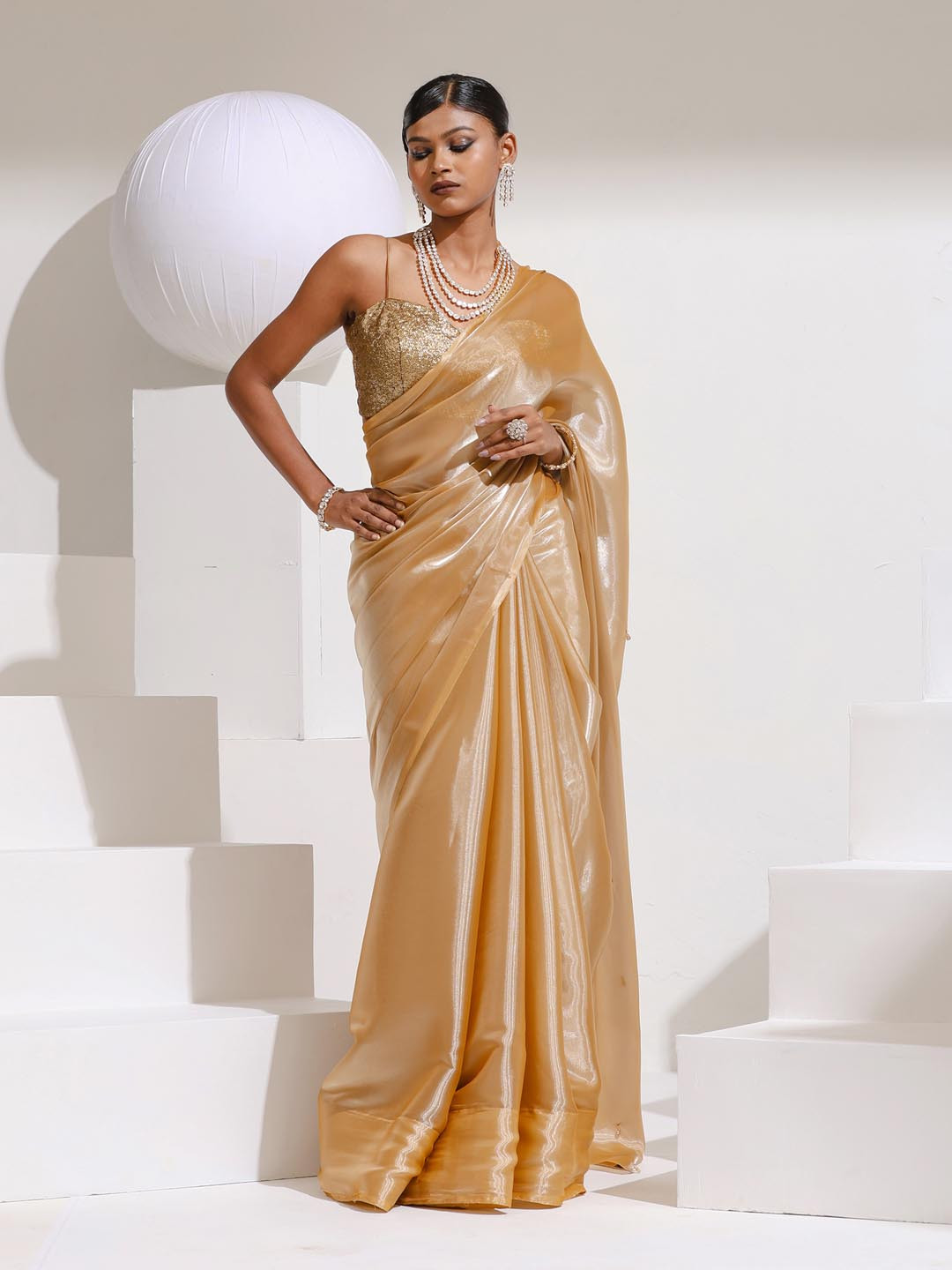 Swtantra Champagne Woven Design Organza Saree