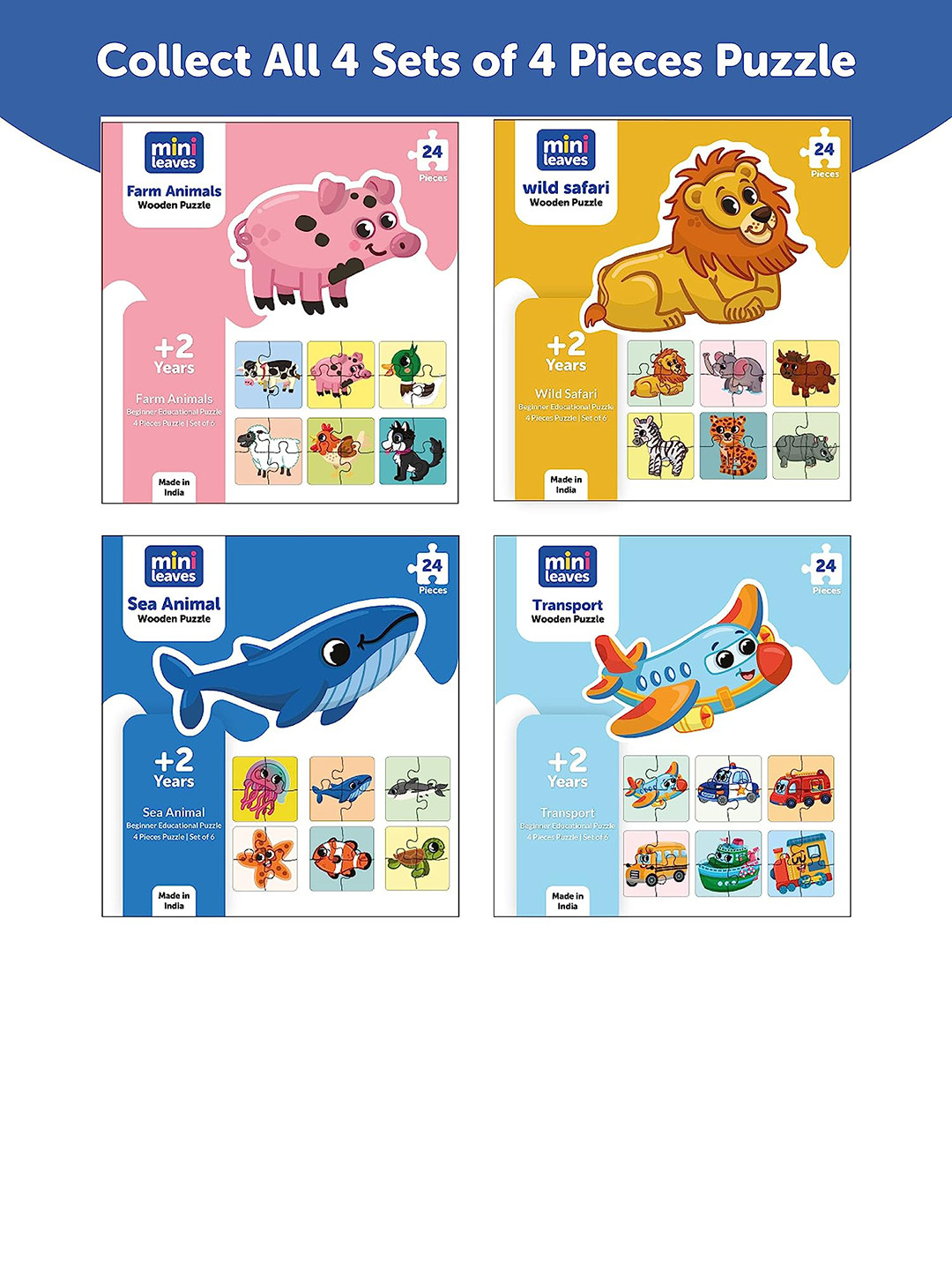 Mini Leaves Kids Set Of 6 4 Pieces Farm Animals Wooden Puzzles