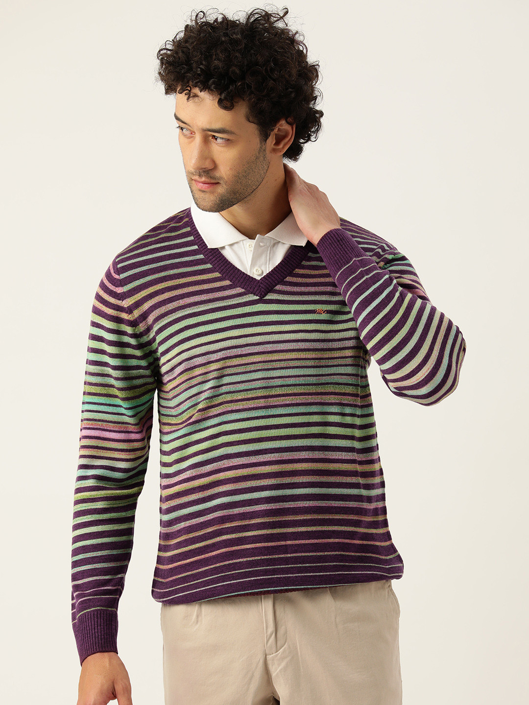Monte Carlo Men Burgundy & Green Striped Woollen Pullover
