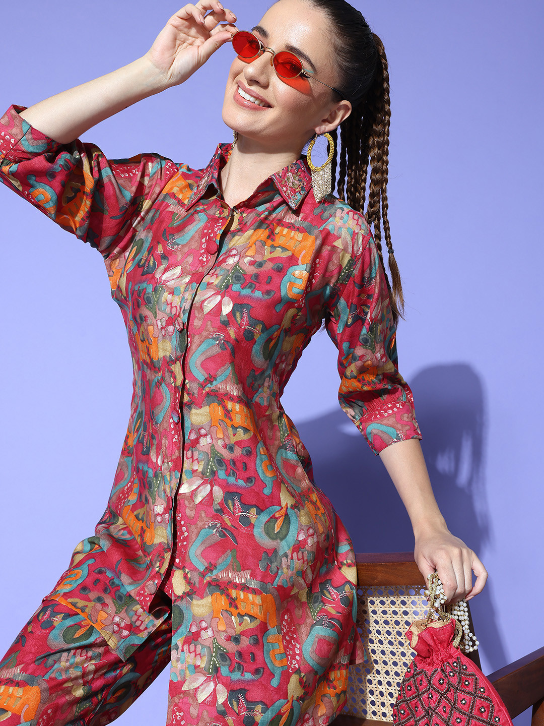 KVSFAB Abstract Foil Printed Chanderi Ethnic Co-Ords