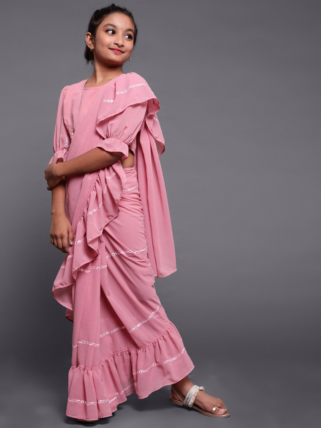 Aks Kids Girls Mirror Work Ruffles Saree