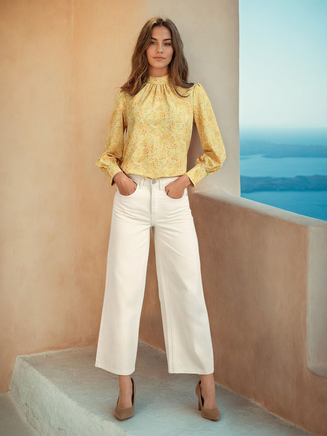 U.S. Polo Assn. Women Floral Printed High Neck Cuffed Sleeves Top