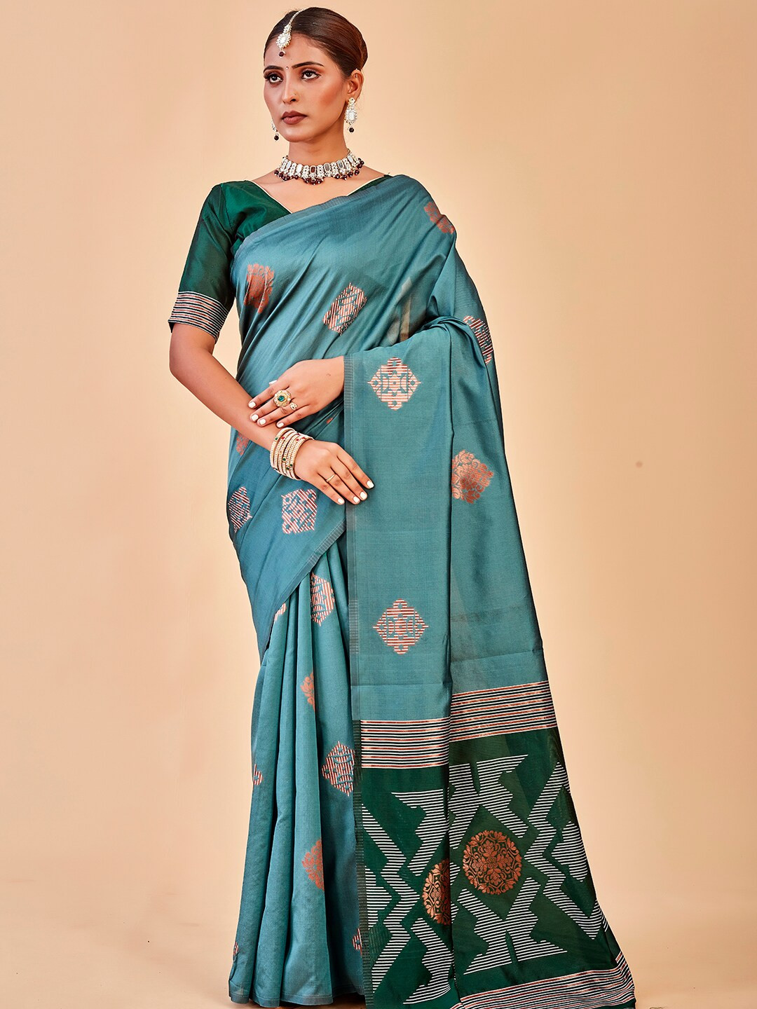 Anouk Rustic Turquoise Blue & Green Ethnic Motifs Woven Design Saree