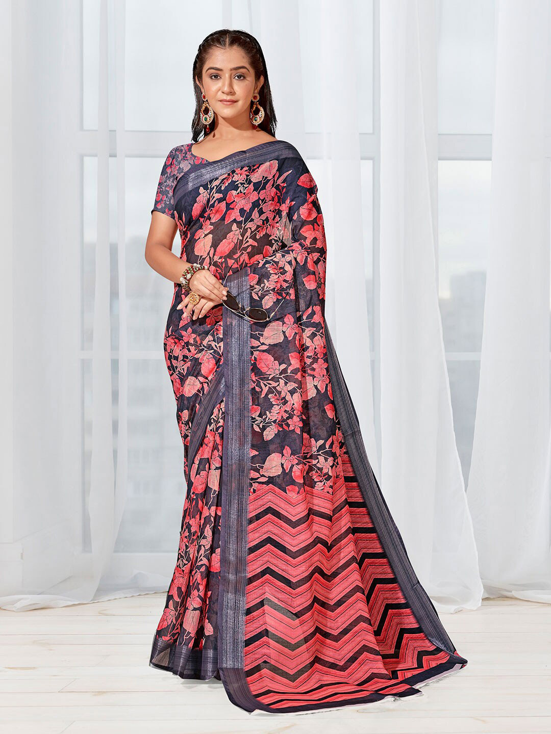 Anouk Maroon & Grey Floral Printed Linen Saree