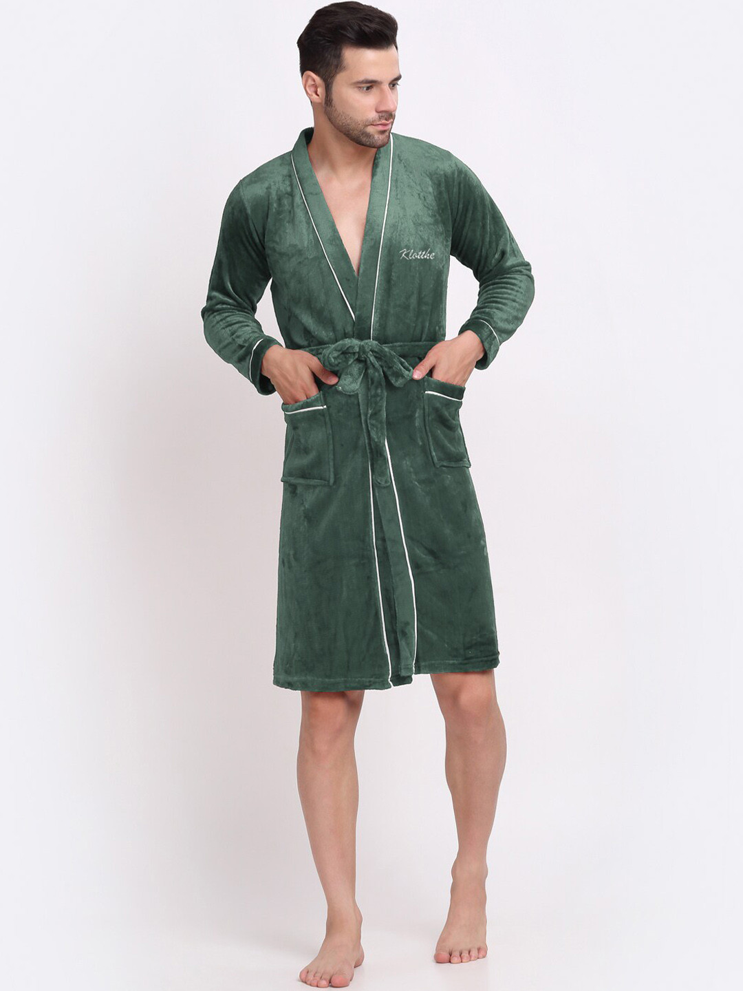 KLOTTHE Green Solid Wool Drawstring Knee Length Bath Robe-S