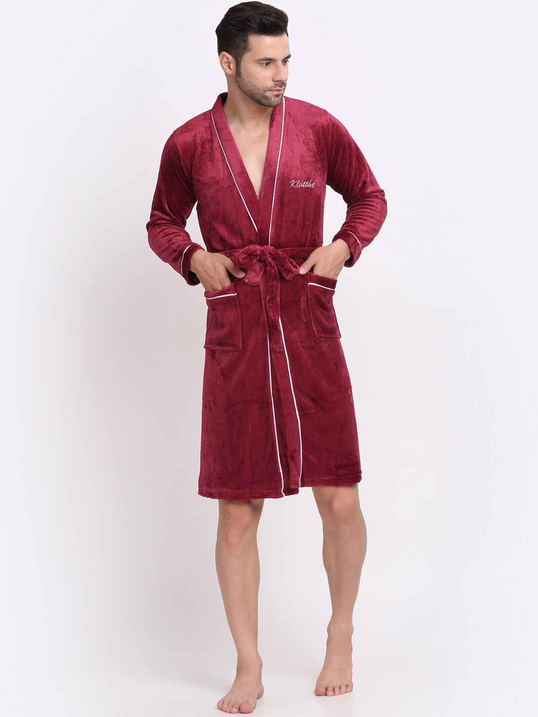 KLOTTHE Red Solid Wool Drawstring Knee Length Bath Robe-S