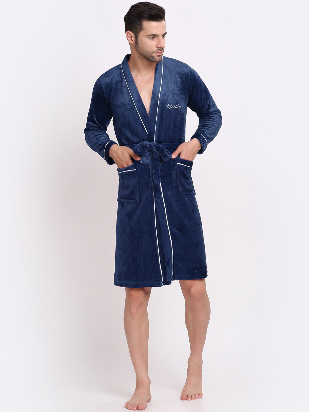 KLOTTHE Blue Solid Wool Drawstring Knee Length Bath Robe-S