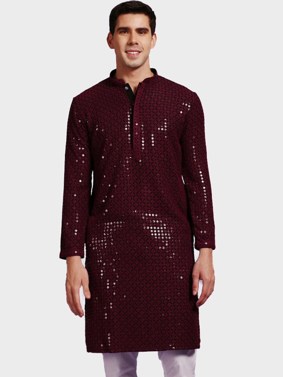 Sanwara Geometric Embroidered Mandarin Collar Chikankari Kurta