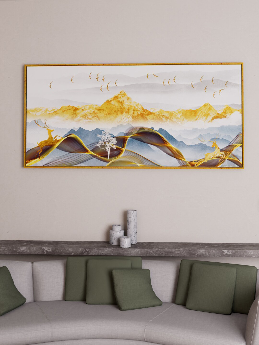 Art Street Brown & Blue Abstract Dear & Birds Printed Wall Art