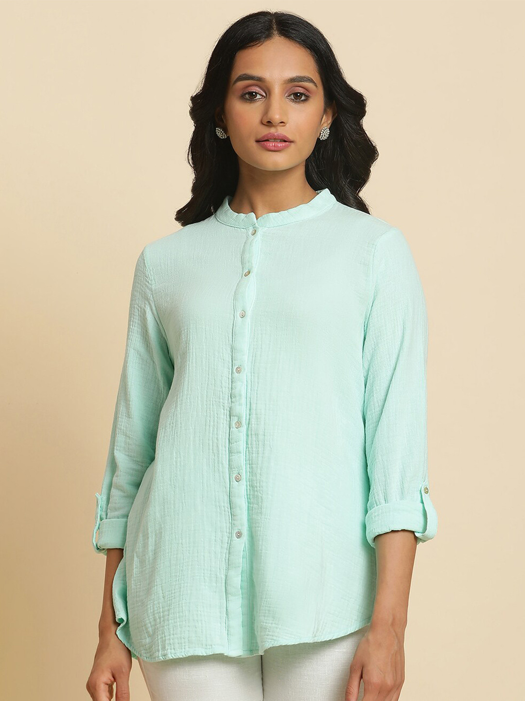 W Mandarin Collar Roll Up Sleeves Pure Cotton Shirt Style Top