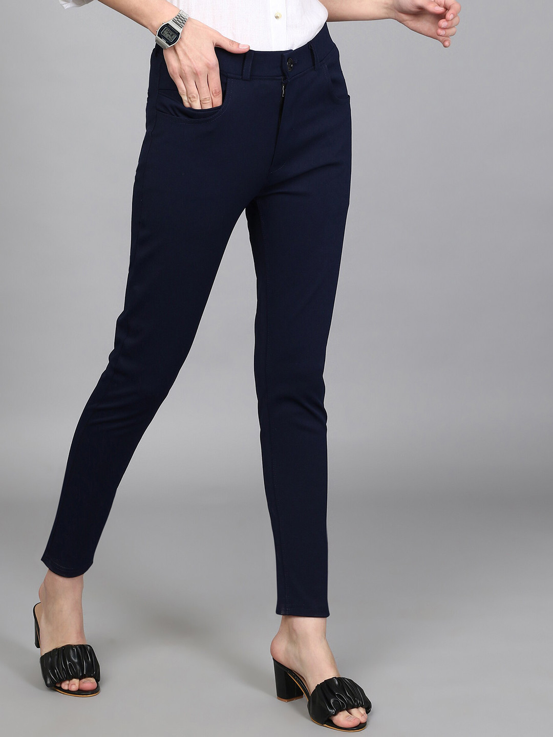 FITHUB Women Sharp Slim Fit High-Rise Easy Wash Cotton Chinos Trousers