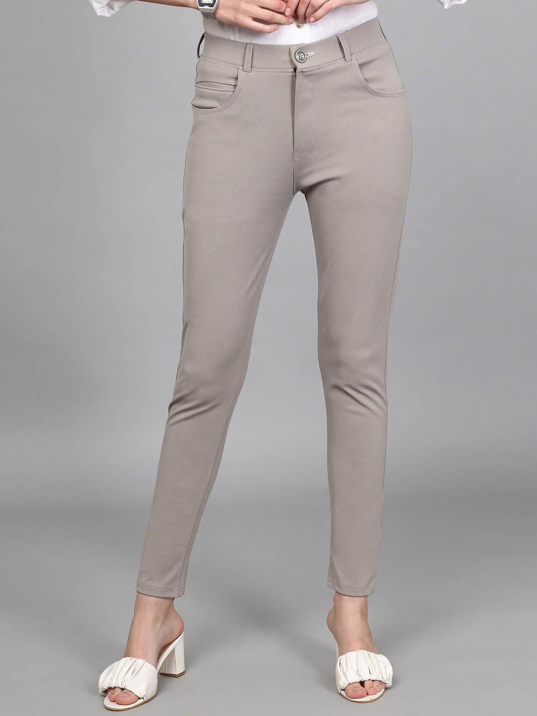 FITHUB Women High Rise Sharp Slim Fit Easy Wash Cotton Formal Trousers