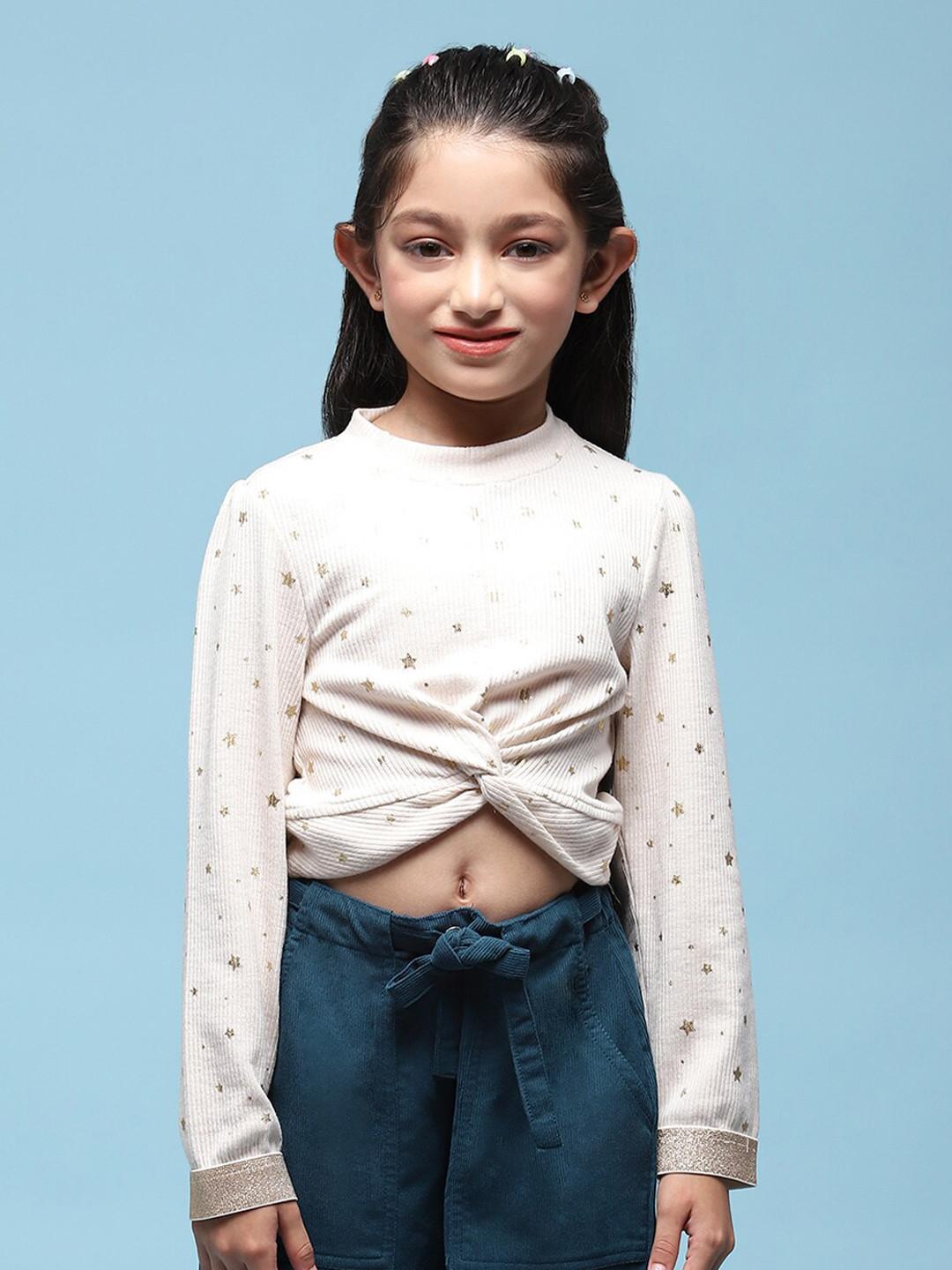 Biba Girls Conversational Printed Long Sleeves Cut-outs Crop Top